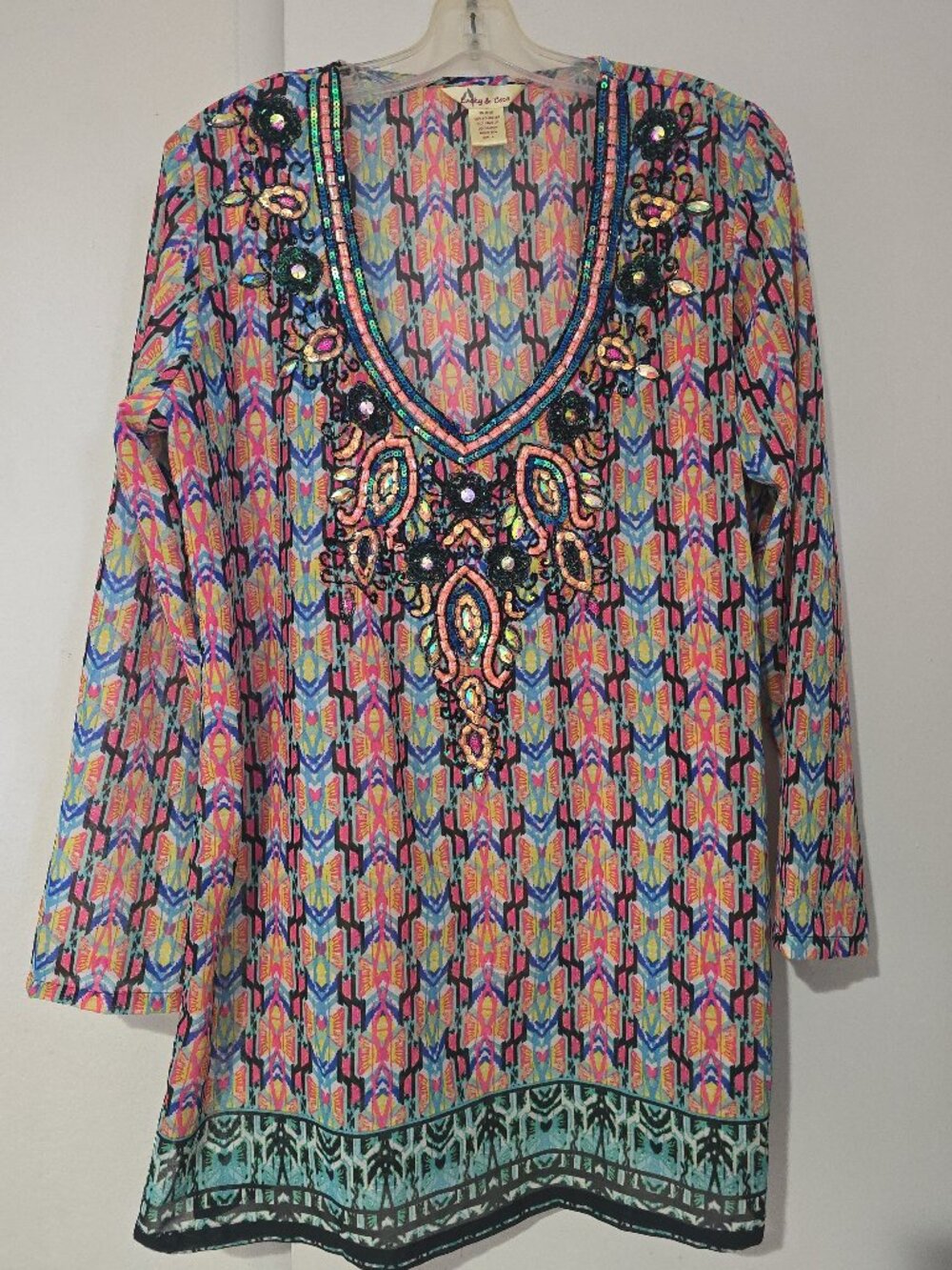 Lucky & Coco Beaded Jeweled Tunic Top Size L Boho Aztec Print V-Neck Cover-Up